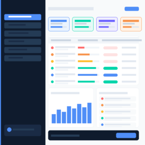 An unpopulated digital analytics dashboard user interface layout on GrabbedDeals.online, showcasing a dark left-hand navigation column, four top-tier summary metric cards, a central data spreadsheet area with colorful progress bars and status indicators, a lower-left vertical bar chart, and a lower-right detailed reporting panel.