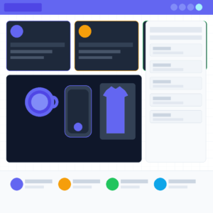 An unpopulated digital shop dashboard user interface layout on GrabbedDeals.online, displaying two upper summary metric cards with blue and orange accents next to a prominent right-hand vertical navigation panel. The central dark workspace showcases vector merchandise icons including a coffee mug, a smartphone, and a t-shirt, sitting above a lower footer row featuring four colorful status indicators.