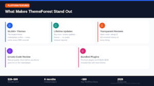 Infographic for GrabbedDeals titled What Makes ThemeForest Stand Out, highlighting five key features including over 50,000 themes, lifetime updates, transparent reviews, Envato code review and bundled plugins worth up to 200 dollars.
