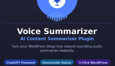 A featured promotional banner titled Voice Summarizer AI Content Summarizer Plugin on grabbeddeals.online, subtitled Turn your WordPress blogs into natural-sounding audio summaries instantly. The dark blue layout centers a circular blue graphic containing a white microphone icon emerging from a vertical audio waveform. Below the title, three horizontal pill badges highlight core features: ChatGPT Powered, ElevenLabs Voices, and 1-Click WordPress. A bright yellow call-to-action badge advertises a LIFETIME DEAL from $7 Available on DealFuel, above a footer reading Lifetime Software Deals & Reviews.