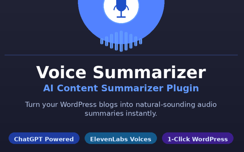 A featured promotional banner titled Voice Summarizer AI Content Summarizer Plugin on grabbeddeals.online, subtitled Turn your WordPress blogs into natural-sounding audio summaries instantly. The dark blue layout centers a circular blue graphic containing a white microphone icon emerging from a vertical audio waveform. Below the title, three horizontal pill badges highlight core features: ChatGPT Powered, ElevenLabs Voices, and 1-Click WordPress. A bright yellow call-to-action badge advertises a LIFETIME DEAL from $7 Available on DealFuel, above a footer reading Lifetime Software Deals & Reviews.