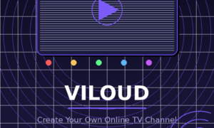A featured promotional banner titled VILOUD under the subtitle Create Your Own Online TV Channel on grabbeddeals.online. The dark navy grid layout features a central purple retro TV set icon with a distinct horizontal scanline pattern and a purple play button button in the center. Above the television is a thin grey V-shaped antenna, and directly beneath it are five small, horizontally aligned, color-coded control dots in red, orange, green, blue, and purple. The entire icon is layered over a pattern of large purple concentric circular lines. A purple badge near the bottom highlights AppSumo Lifetime Deal 2026, with three small purple radio wave arcs accenting the lower right corner.