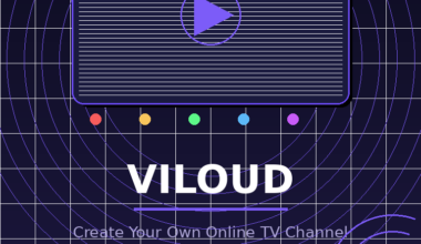 A featured promotional banner titled VILOUD under the subtitle Create Your Own Online TV Channel on grabbeddeals.online. The dark navy grid layout features a central purple retro TV set icon with a distinct horizontal scanline pattern and a purple play button button in the center. Above the television is a thin grey V-shaped antenna, and directly beneath it are five small, horizontally aligned, color-coded control dots in red, orange, green, blue, and purple. The entire icon is layered over a pattern of large purple concentric circular lines. A purple badge near the bottom highlights AppSumo Lifetime Deal 2026, with three small purple radio wave arcs accenting the lower right corner.