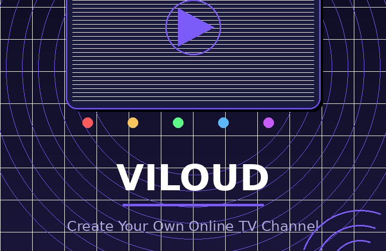 A featured promotional banner titled VILOUD under the subtitle Create Your Own Online TV Channel on grabbeddeals.online. The dark navy grid layout features a central purple retro TV set icon with a distinct horizontal scanline pattern and a purple play button button in the center. Above the television is a thin grey V-shaped antenna, and directly beneath it are five small, horizontally aligned, color-coded control dots in red, orange, green, blue, and purple. The entire icon is layered over a pattern of large purple concentric circular lines. A purple badge near the bottom highlights AppSumo Lifetime Deal 2026, with three small purple radio wave arcs accenting the lower right corner.