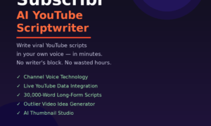A featured promotional banner titled Subscribr AI YouTube Scriptwriter under an orange AppSumo Lifetime Deal badge and the descriptive subtitle Write viral YouTube scripts in your own voice — in minutes. No writer's block. No wasted hours. on grabbeddeals.online. The dark navy layout features a large dark purple circular pattern in the upper right corner and displays five green checkmarks outlining core features: Channel Voice Technology, Live YouTube Data Integration, 30,000-Word Long-Form Scripts, Outlier Video Idea Generator, and AI Thumbnail Studio. Near the lower left corner, a small dark button highlights a user metric of 4.86 / 5 | 155 Reviews in yellow text.