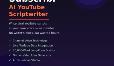 A featured promotional banner titled Subscribr AI YouTube Scriptwriter under an orange AppSumo Lifetime Deal badge and the descriptive subtitle Write viral YouTube scripts in your own voice — in minutes. No writer's block. No wasted hours. on grabbeddeals.online. The dark navy layout features a large dark purple circular pattern in the upper right corner and displays five green checkmarks outlining core features: Channel Voice Technology, Live YouTube Data Integration, 30,000-Word Long-Form Scripts, Outlier Video Idea Generator, and AI Thumbnail Studio. Near the lower left corner, a small dark button highlights a user metric of 4.86 / 5 | 155 Reviews in yellow text.