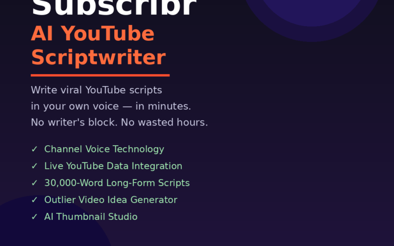 A featured promotional banner titled Subscribr AI YouTube Scriptwriter under an orange AppSumo Lifetime Deal badge and the descriptive subtitle Write viral YouTube scripts in your own voice — in minutes. No writer's block. No wasted hours. on grabbeddeals.online. The dark navy layout features a large dark purple circular pattern in the upper right corner and displays five green checkmarks outlining core features: Channel Voice Technology, Live YouTube Data Integration, 30,000-Word Long-Form Scripts, Outlier Video Idea Generator, and AI Thumbnail Studio. Near the lower left corner, a small dark button highlights a user metric of 4.86 / 5 | 155 Reviews in yellow text.