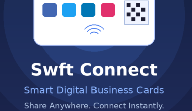 A featured promotional banner titled Swft Connect: Smart Digital Business Cards under the descriptive subtitle Share Anywhere. Connect Instantly. on grabbeddeals.online. The dark navy layout displays a stylized white card graphic centered within concentric blue radar circles. The mock business card contains an abstract profile photo circle, text placeholder lines, a blue-to-pink row of four colored blocks, a pixelated QR code square, and a blue contactless wireless signal icon underneath. Below the title, a blue horizontal pill badge highlights the core transmission formats: NFC | QR Code | Digital Wallet.