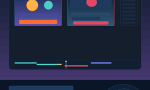 A dark navy minimalist user interface template displaying an abstract web application layout. The main browser window features three colorful top window-control dots (pink, yellow, green) on the left. Inside, two primary side-by-side dashboard panels are shown: the left panel contains a large gold circle, a smaller teal circle, and an orange horizontal button bar; the right panel features a single pink circle over a red button bar. A vertical menu stack rests on the far right, while a media timeline slider accented with teal, pink, and purple segments runs along the bottom edge of the window. Below the browser mockup, an additional settings layout contains blank text placeholders, a row of four rounded color-coded buttons (teal, red, orange, purple), and a circular dial graphic on the right featuring a central red sun icon.