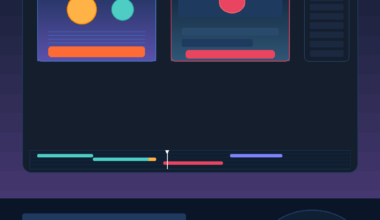 A dark navy minimalist user interface template displaying an abstract web application layout. The main browser window features three colorful top window-control dots (pink, yellow, green) on the left. Inside, two primary side-by-side dashboard panels are shown: the left panel contains a large gold circle, a smaller teal circle, and an orange horizontal button bar; the right panel features a single pink circle over a red button bar. A vertical menu stack rests on the far right, while a media timeline slider accented with teal, pink, and purple segments runs along the bottom edge of the window. Below the browser mockup, an additional settings layout contains blank text placeholders, a row of four rounded color-coded buttons (teal, red, orange, purple), and a circular dial graphic on the right featuring a central red sun icon.