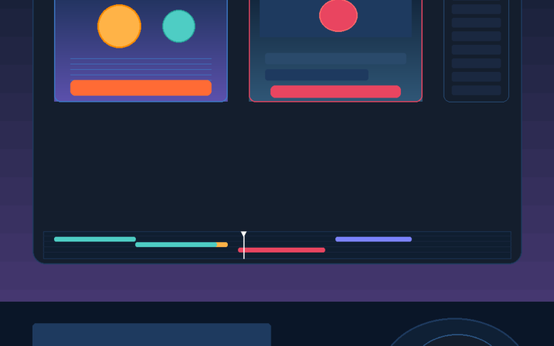 A dark navy minimalist user interface template displaying an abstract web application layout. The main browser window features three colorful top window-control dots (pink, yellow, green) on the left. Inside, two primary side-by-side dashboard panels are shown: the left panel contains a large gold circle, a smaller teal circle, and an orange horizontal button bar; the right panel features a single pink circle over a red button bar. A vertical menu stack rests on the far right, while a media timeline slider accented with teal, pink, and purple segments runs along the bottom edge of the window. Below the browser mockup, an additional settings layout contains blank text placeholders, a row of four rounded color-coded buttons (teal, red, orange, purple), and a circular dial graphic on the right featuring a central red sun icon.