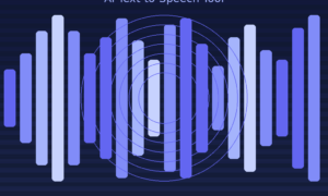A featured promotional banner titled GSpeech: AI Text-to-Speech Tool under a subtle horizontal striped background pattern. The dark navy layout displays a large, stylized audio frequency waveform made of vertical bars in varying shades of purple and light blue, centered over a pattern of concentric blue soundwave circles. The bottom subtitle details key features: 230+ Lifelike Voices | 70+ Languages over the line Real-Time Audio for Your Website. A bright blue rounded button at the very bottom highlights the phrase Lifetime Deal on AppSumo.