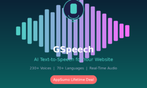 A featured promotional banner titled GSpeech AI Text-to-Speech for Your Website set against a vertical gradient backdrop that shifts from dark navy at the top to deep teal at the bottom, featuring the footer label grabbeddeals.online. The center displays a large, symmetrical audio frequency waveform graphic composed of vertical bars transitioning from teal to light purple and pink. A circular teal and navy microphone icon rests on top of the central bars. Key features are listed in gray: 230+ Voices | 70+ Languages | Real-Time Audio. A bright coral rounded button below reads AppSumo Lifetime Deal, accented underneath by the metric 4.9/5 43 Reviews highlighted in bright yellow text.