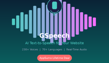 A featured promotional banner titled GSpeech AI Text-to-Speech for Your Website set against a vertical gradient backdrop that shifts from dark navy at the top to deep teal at the bottom, featuring the footer label grabbeddeals.online. The center displays a large, symmetrical audio frequency waveform graphic composed of vertical bars transitioning from teal to light purple and pink. A circular teal and navy microphone icon rests on top of the central bars. Key features are listed in gray: 230+ Voices | 70+ Languages | Real-Time Audio. A bright coral rounded button below reads AppSumo Lifetime Deal, accented underneath by the metric 4.9/5 43 Reviews highlighted in bright yellow text.