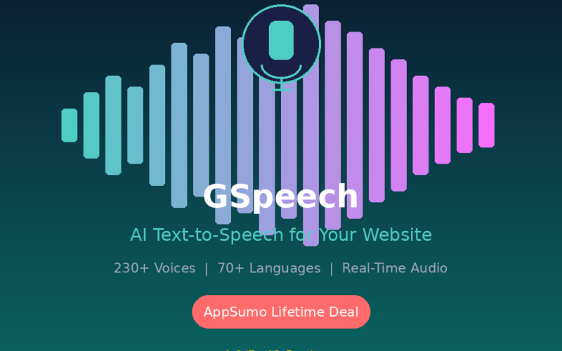 A featured promotional banner titled GSpeech AI Text-to-Speech for Your Website set against a vertical gradient backdrop that shifts from dark navy at the top to deep teal at the bottom, featuring the footer label grabbeddeals.online. The center displays a large, symmetrical audio frequency waveform graphic composed of vertical bars transitioning from teal to light purple and pink. A circular teal and navy microphone icon rests on top of the central bars. Key features are listed in gray: 230+ Voices | 70+ Languages | Real-Time Audio. A bright coral rounded button below reads AppSumo Lifetime Deal, accented underneath by the metric 4.9/5 43 Reviews highlighted in bright yellow text.