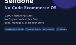 A featured promotional banner titled Selldone No-Code Ecommerce OS on grabbeddeals.online, featuring a purple pill badge in the upper left that reads APPSUMO LIFETIME DEAL. Set against a dark navy layout detailed with a subtle light gray dot grid and a large purple crescent-circle graphic in the upper right, white text on the left highlights product benefits: 1,500+ Native Features, No Plugins. No Monthly Fees., and Build, Manage & Scale Your Store. Four horizontal blue pill badges showcase core system features: Marketplace Builder, Dynamic Pricing, Multi-Vendor, and POS Ready. The bottom layout displays the domain and a call to action on the left, balanced on the right by the metrics Rating: 4.84/5 and 67+ AppSumo Reviews in bright yellow text.