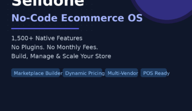 A featured promotional banner titled Selldone No-Code Ecommerce OS on grabbeddeals.online, featuring a purple pill badge in the upper left that reads APPSUMO LIFETIME DEAL. Set against a dark navy layout detailed with a subtle light gray dot grid and a large purple crescent-circle graphic in the upper right, white text on the left highlights product benefits: 1,500+ Native Features, No Plugins. No Monthly Fees., and Build, Manage & Scale Your Store. Four horizontal blue pill badges showcase core system features: Marketplace Builder, Dynamic Pricing, Multi-Vendor, and POS Ready. The bottom layout displays the domain and a call to action on the left, balanced on the right by the metrics Rating: 4.84/5 and 67+ AppSumo Reviews in bright yellow text.