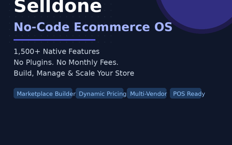 A featured promotional banner titled Selldone No-Code Ecommerce OS on grabbeddeals.online, featuring a purple pill badge in the upper left that reads APPSUMO LIFETIME DEAL. Set against a dark navy layout detailed with a subtle light gray dot grid and a large purple crescent-circle graphic in the upper right, white text on the left highlights product benefits: 1,500+ Native Features, No Plugins. No Monthly Fees., and Build, Manage & Scale Your Store. Four horizontal blue pill badges showcase core system features: Marketplace Builder, Dynamic Pricing, Multi-Vendor, and POS Ready. The bottom layout displays the domain and a call to action on the left, balanced on the right by the metrics Rating: 4.84/5 and 67+ AppSumo Reviews in bright yellow text.