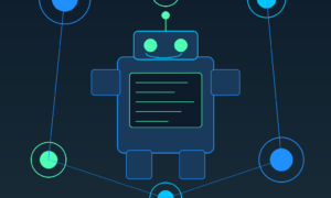 A featured promotional banner titled Robomotion RPA under the green tagline Automate Smarter. Work Less. and the subtitle AppSumo Lifetime Deal 2026. Set against a square dark navy layout, the graphic features a central vector illustration of a friendly blue outline robot with a smiling green face and a green text display panel on its torso. The robot is framed by an interconnected network node system consisting of six circular blue and green data points linked together by fine blue lines.