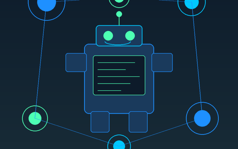 A featured promotional banner titled Robomotion RPA under the green tagline Automate Smarter. Work Less. and the subtitle AppSumo Lifetime Deal 2026. Set against a square dark navy layout, the graphic features a central vector illustration of a friendly blue outline robot with a smiling green face and a green text display panel on its torso. The robot is framed by an interconnected network node system consisting of six circular blue and green data points linked together by fine blue lines.