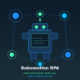 A featured promotional banner titled Robomotion RPA under the green tagline Automate Smarter. Work Less. and the subtitle AppSumo Lifetime Deal 2026. Set against a square dark navy layout, the graphic features a central vector illustration of a friendly blue outline robot with a smiling green face and a green text display panel on its torso. The robot is framed by an interconnected network node system consisting of six circular blue and green data points linked together by fine blue lines.