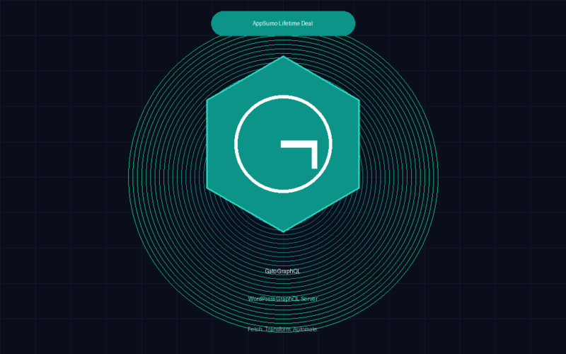A featured promotional banner titled GatoGraphQL WordPress GraphQL Server under a horizontal teal pill badge reading AppSumo Lifetime Deal. Set against a dark navy layout patterned with a faint square grid, the center features a prominent teal hexagon graphic enclosing a white circular logo with a stylized letter 'G'. The hexagon is framed by multiple thin, concentric teal outline circles radiating outward. Below the central emblem, text reads "Fetch. Transform. Automate." positioned above a rectangular price box displaying $69 one-time. A solid teal footer spans the bottom of the banner, displaying grabbeddeals.online | AppSumo Deal Review 2026.