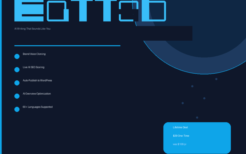 A featured promotional banner titled Katteb AI Writing That Sounds Like You on grabbeddeals.online, featuring a light blue pill badge in the upper left that reads AppSumo Lifetime Deal. Set against a dark navy layout styled with a large dark blue crescent-circle graphic and fine abstract dots on the right, light blue bullet points on the left highlight core product utilities: Brand Voice Cloning, Live AI SEO Scoring, Auto-Publish to WordPress, AI Overview Optimization, and 60+ Languages Supported. The bottom right features a rounded light blue pricing block displaying Lifetime Deal, $39 One-Time, and was $108/yr, while the bottom left corner displays the domain above the tagline Honest Reviews. Real Deals.