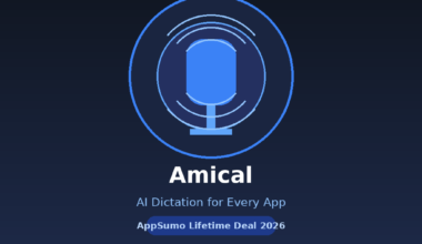 A featured promotional banner titled Amical under the light blue tagline "AI Dictation for Every App" and a rounded dark blue badge reading AppSumo Lifetime Deal 2026. Set against a square dark navy layout, the graphic features a central vector illustration of a solid blue microphone icon enclosed within a prominent blue circle and accented by curved concentric soundwave lines. A solid blue accent line spans horizontally underneath the text, and a thin, wavy blue soundwave line patterns the very bottom edge of the banner.