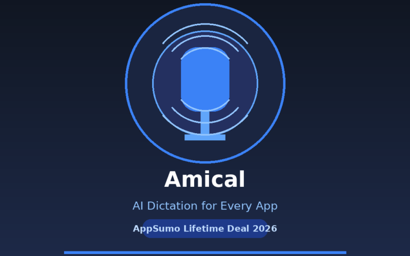 A featured promotional banner titled Amical under the light blue tagline "AI Dictation for Every App" and a rounded dark blue badge reading AppSumo Lifetime Deal 2026. Set against a square dark navy layout, the graphic features a central vector illustration of a solid blue microphone icon enclosed within a prominent blue circle and accented by curved concentric soundwave lines. A solid blue accent line spans horizontally underneath the text, and a thin, wavy blue soundwave line patterns the very bottom edge of the banner.