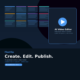 A featured promotional banner for FlexClip titled Create. Edit. Publish. on a dark navy background. The lower left section highlights the tool as an "AI-powered online video maker" that is "Available now on AppSumo – Lifetime Deal" right above a light blue pill badge reading "No monthly fees. Ever." The top section features a stylized interface backdrop composed of a 3x4 grid of dark rectangular cards with color-coded top borders (blue, purple, pink, teal, and gold). Overlaid on the right is a prominent rounded rectangle window displaying a blue circular play button icon above the bold text AI Video Editor, followed by the description "Professional videos in minutes" and the metrics "6,000+ Templates | 4M+ Assets".