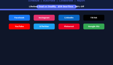 A featured promotional banner titled Brand2Social under the subtitle AI-Powered Social Media Management (Schedule | Automate | Collaborate | Report). A purple badge highlights a Lifetime Deal on Dealify for a $59 One-Time purchase at 90% Off. The center layout displays a grid of eight color-coded network buttons: Facebook, Instagram, LinkedIn, TikTok, YouTube, X/Twitter, Pinterest, and Google Biz. The bottom footer highlights three performance metrics: 30% More Engagement, 40% Less Manual Work, and 8+ Platforms Covered.