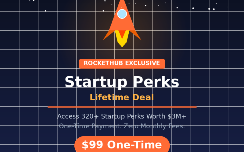 A featured promotional banner titled Startup Perks Lifetime Deal under a stylized orange rocket ship launching through a starry night sky grid background on grabbeddeals.online. An orange badge reads ROCKETHUB EXCLUSIVE above the main title. Central text highlights: Access 320+ Startup Perks Worth $3M+ and One-Time Payment. Zero Monthly Fees. A large orange call-to-action pill button at the bottom prominently displays $99 One-Time.