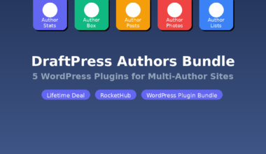 A featured promotional banner titled DraftPress Authors Bundle under the subtitle 5 WordPress Plugins for Multi-Author Sites on grabbeddeals.online. The dark blue layout centralizes five horizontal, color-coded plugin boxes: Author Stats (purple), Author Box (green), Author Posts (orange), Author Photos (red), and Author Lists (light blue). Directly below the text, three purple pill badges read Lifetime Deal, RocketHub, and WordPress Plugin Bundle. The black footer highlights: Lifetime Access from $49 | 30-Day Money-Back Guarantee.