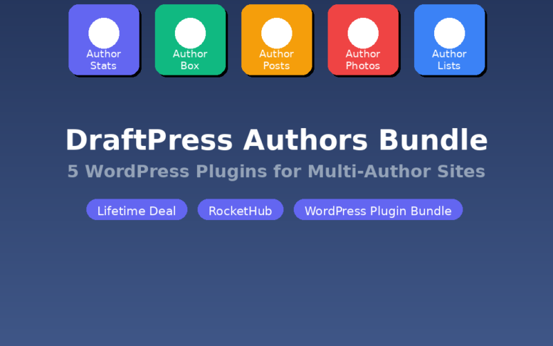 A featured promotional banner titled DraftPress Authors Bundle under the subtitle 5 WordPress Plugins for Multi-Author Sites on grabbeddeals.online. The dark blue layout centralizes five horizontal, color-coded plugin boxes: Author Stats (purple), Author Box (green), Author Posts (orange), Author Photos (red), and Author Lists (light blue). Directly below the text, three purple pill badges read Lifetime Deal, RocketHub, and WordPress Plugin Bundle. The black footer highlights: Lifetime Access from $49 | 30-Day Money-Back Guarantee.