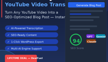 A featured promotional banner titled YouTubeify YouTube Video Transcription on GrabbedDeals.com, subtitled Turn Any YouTube Video Into a Blog Post — Instantly. The dark blue layout displays a four-part checklist: AI-Powered Transcription, SEO-Ready Content, 1-Click WordPress Export, and Multi-AI Engine Support. A red badge highlights LIFETIME DEAL — DealFuel from just $7 (one-time). On the right, a mockup of the YouTubeify Dashboard showcases an input field containing a video URL above a blue Generate Blog Post button, engine selectors for GPT, Gemini, and Claude, and a green dial indicating a 94 SEO Score.