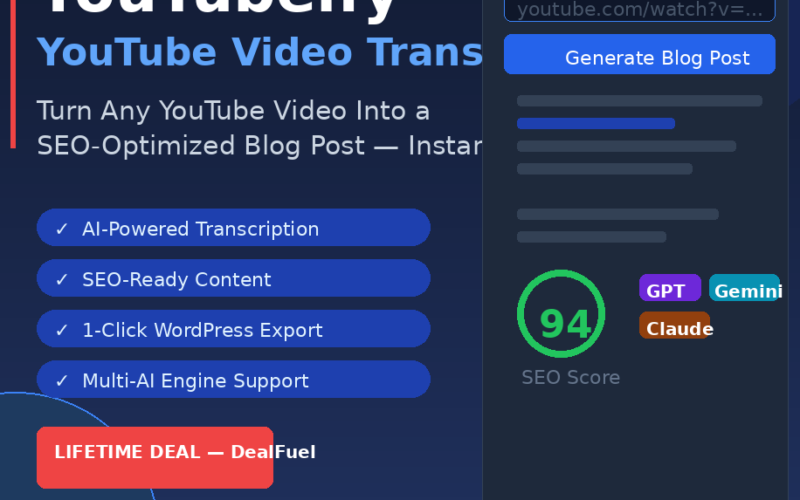 A featured promotional banner titled YouTubeify YouTube Video Transcription on GrabbedDeals.com, subtitled Turn Any YouTube Video Into a Blog Post — Instantly. The dark blue layout displays a four-part checklist: AI-Powered Transcription, SEO-Ready Content, 1-Click WordPress Export, and Multi-AI Engine Support. A red badge highlights LIFETIME DEAL — DealFuel from just $7 (one-time). On the right, a mockup of the YouTubeify Dashboard showcases an input field containing a video URL above a blue Generate Blog Post button, engine selectors for GPT, Gemini, and Claude, and a green dial indicating a 94 SEO Score.