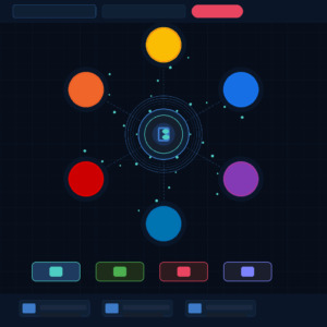 A dark navy minimalist infographic template featuring a central icon surrounded by concentric circles and dotted connection lines pointing outward to six colorful, blank circular nodes arranged in a hexagonal shape. Starting from the top center and moving clockwise, the nodes are colored yellow, bright blue, purple, dark blue, red, and orange. The grid-patterned background is framed by various empty UI placeholder elements, including small teal dots scattered near the connections, three rounded pill shapes at the top right, a horizontal row of four small color-coded button boxes (teal, green, red, and light purple) near the bottom, and three small status indicators aligned along the very bottom edge.