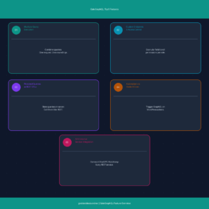 An informational developer tool infographic titled GatoGraphQL: Top 5 Features against a bright teal top bar, with a matching teal footer reading grabbeddeals.online | GatoGraphQL Feature Overview. Set against a dark navy blue background accented with a faint grid dot pattern, five rounded feature blocks with distinct color-coded borders are organized in a structured layout. The top row features two boxes: 01 Multiple Query Execution (Combine queries. One request. Zero roundtrips.) in green, and 02 Custom Endpoints & Access Control (Granular field-level permissions per role.) in cyan. The second row features two boxes: 03 Persisted Queries as REST URLs (Store queries on-server. Call them like REST.) in purple, and 04 Automation via Hooks & Cron (Trigger GraphQL on WordPress actions.) in orange. Centered at the bottom is box 05 AI & External Service Integration (Connect ChatGPT, Mailchimp & any REST service.) outlined in pink.