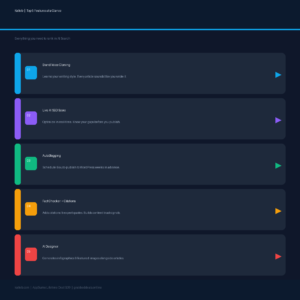 An informational software features infographic titled Katteb | Top 5 Features at a Glance under a thin blue horizontal line separator on a dark navy background, with a bottom footer text line reading katteb.com | AppSumo Lifetime Deal $39 | grabbeddeals.online. Below an introductory tagline stating "Everything you need to rank in AI Search," five rounded dark gray row panels with color-coded left borders and matching play-button arrow icons on the right highlight core software capabilities: 01 Brand Voice Cloning (Learns your writing style. Every article sounds like you wrote it.) with a blue accent; 02 Live AI SEO Score (Optimize in real-time. Know your gaps before you publish.) with a purple accent; 03 AutoBlogging (Schedule & auto-publish to WordPress weeks in advance.) with a green accent; 04 FactChecker + Citations (Adds citations & expert quotes. Builds content trust signals.) with an orange accent; and 05 AI Designer (Generates infographics & featured images alongside articles.) with a red accent.